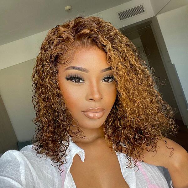 ReadytoGo Mix Color Brown Curly Bob Wig Compact 13X4 Frontal Lace Wig Middle Part