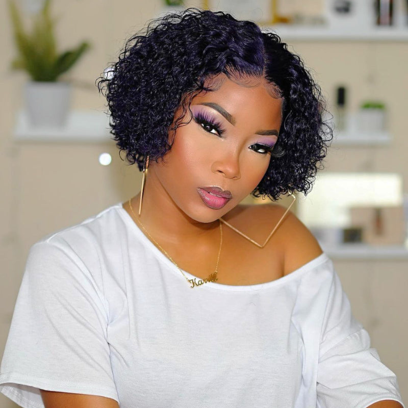 Kinky Curly HD T Lace Pixie Cut Wig Middle Part 100% Human Hair
