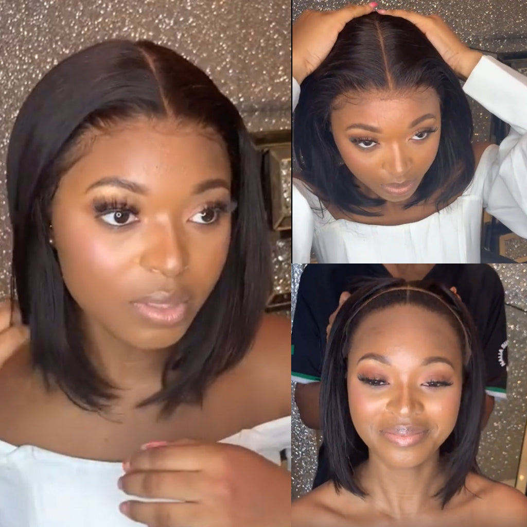 ReadytoGo Natural Black Glueless Bob Frontal T Part Lace Wig Middle Part