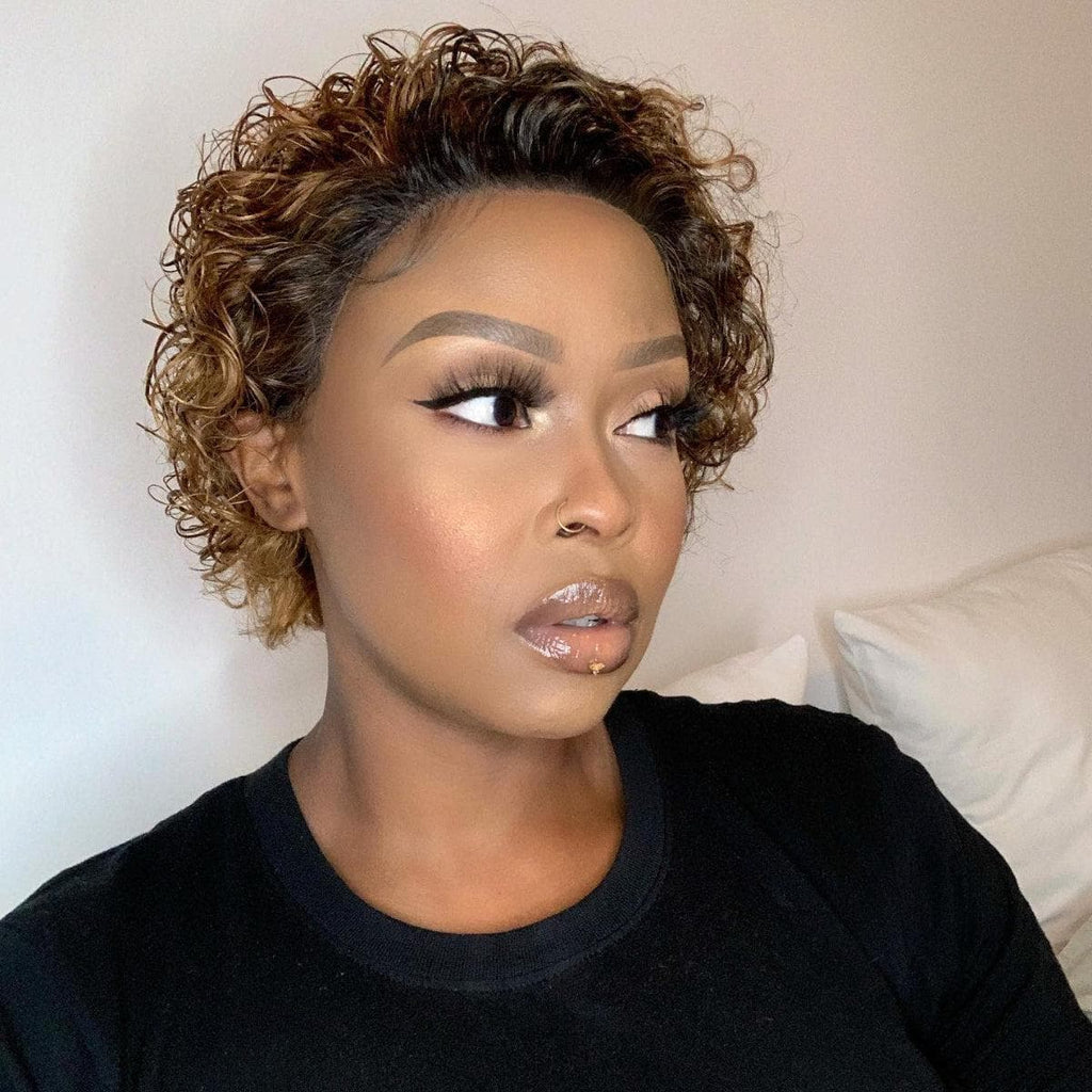 Hot Pixie Curly Blonde Ombre And Natural Black 13x1 Lace Wig