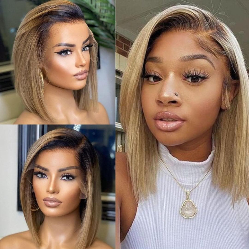 ReadytoGo TB/Blonde Glueless Bob Wig Frontal T Part Lace Wig | PrePlucked+KnotsBleached