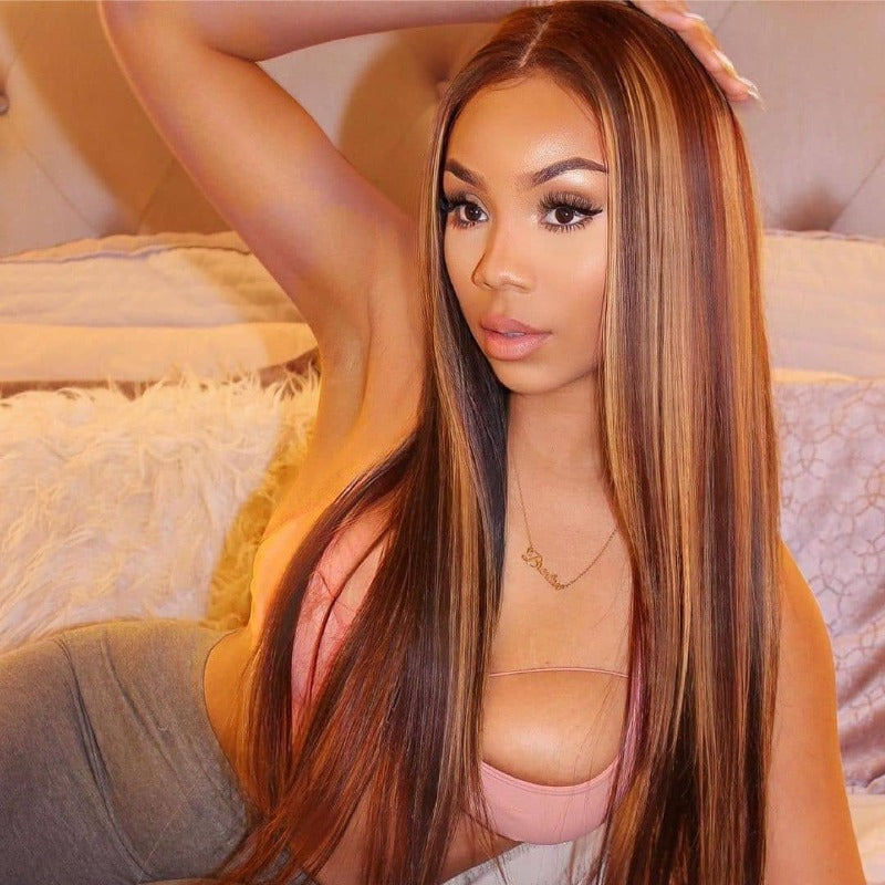 Flash Sale | Highlight Brown Straight Glueless 4x4 Closure Lace Wig