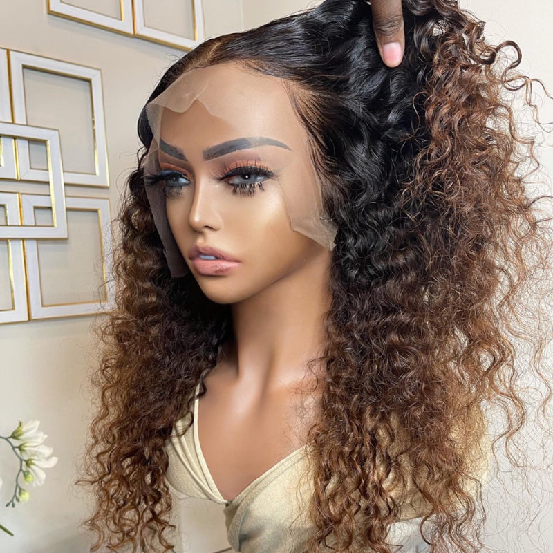 Flash Sale | Brown Ombre Deep Curly Compact 13X4 Frontal Lace Wig Free Part