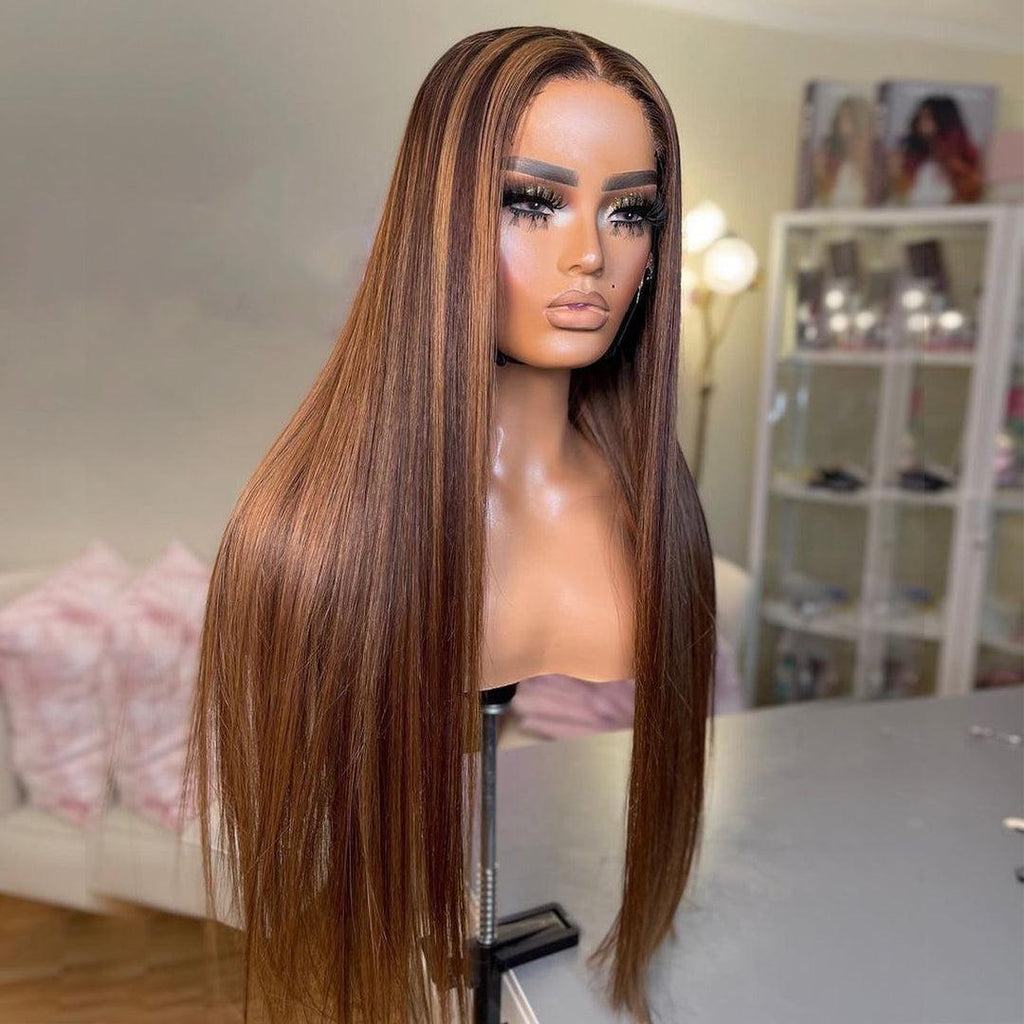 ReadytoGo Brown Highlight Straight Glueless 4x4 Closure Lace Wig Middle Part